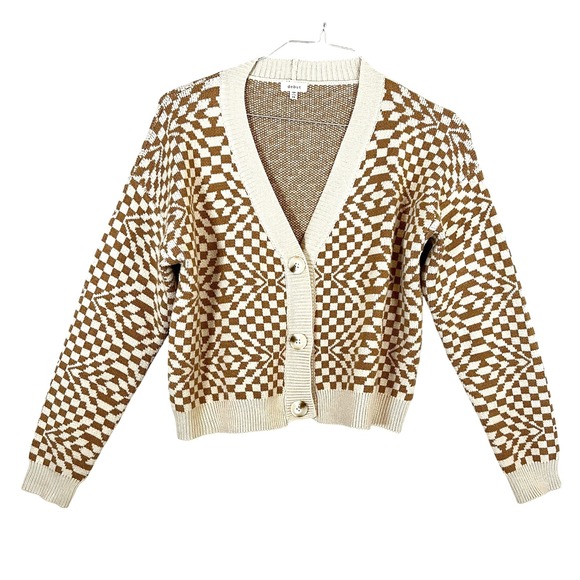 Debut Checkered Cardigan Sweater Knit Brown Cream Button Front‎ XS - Picture 1 of 6